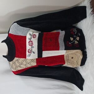 Alfred Dunner Sz M Festive Chenille Cowl Neck Sweater, Black, Red, and Tan